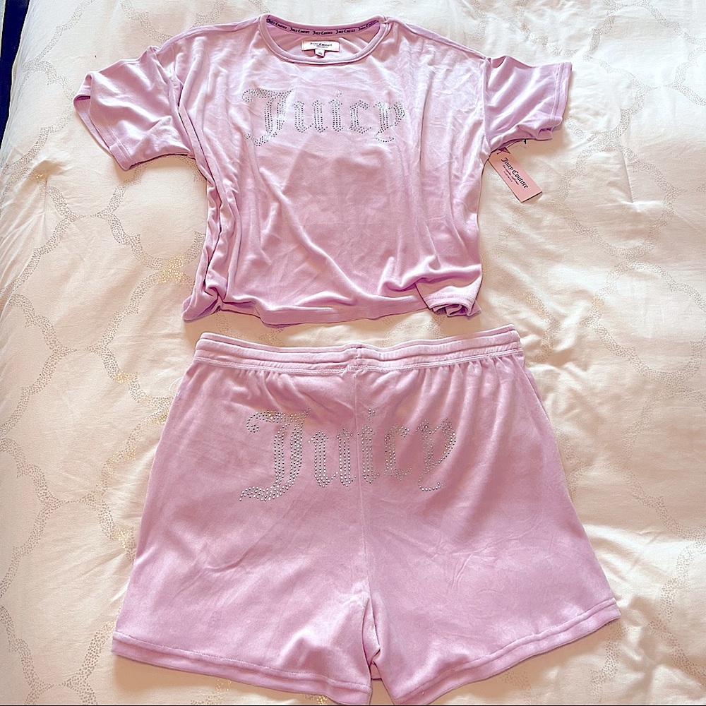 Juicy Couture bling rhinestone purple velour shirt short set NWT
